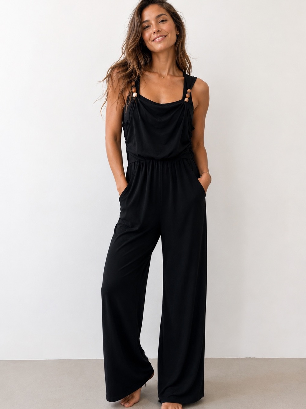 Black Beaded Wide-Leg Stretchy Ultra Soft Jumpsuit w/ Drape Neck [Size Medium]